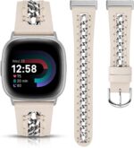 Minyee Leather Band Compatible with Fitbit Versa 4/3/Fitbit Sense 2/1 Bands Women, Dressy Premium Leather Designer Strap with Stainless Steel Metal Chain for Versa 3 4 Sense 2 Smartwatch - Image 2