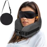 Neck Pillow Airplane Travel Set - Pure Memory Foam Travel Neck Pillow, Plane Pillow for Long Flights Essentials, Sleeping with 3D Contoured Eye Mask, Earplugs, Portable Bag (Gray-S) - Image 2