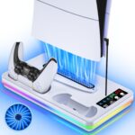 PS5/PS5 Slim/PS5 Pro Stand and Cooling Station with Controller Charging Station for PlayStation 5 Slim&Standard Disc/Digital Console, 10 RGB Light PS5 Cooler Accessories Incl 3 Levels Cooling Fan - Image 2