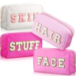 Remerry 4 Pcs Travel Toiletry Bags for Women Nylon Makeup Bag Organizer Cosmetic Chenille Letter Pouch Zipper Preppy Waterproof Hair Pouch Christmas Gift(Rose Red, Pink, Light Pink, White) - Image 2