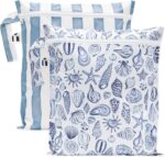Roamio Waterproof Wet Bag for Baby, Travel, Swim Suit, Cloth Diapers, Pump Parts, Pool, Beach, Gym Clothes, Toiletry, Hook to Stroller, Daycare, Zip Reusable Wetdry Pack, 2-pk Blue Stripes and Shells - Image 2
