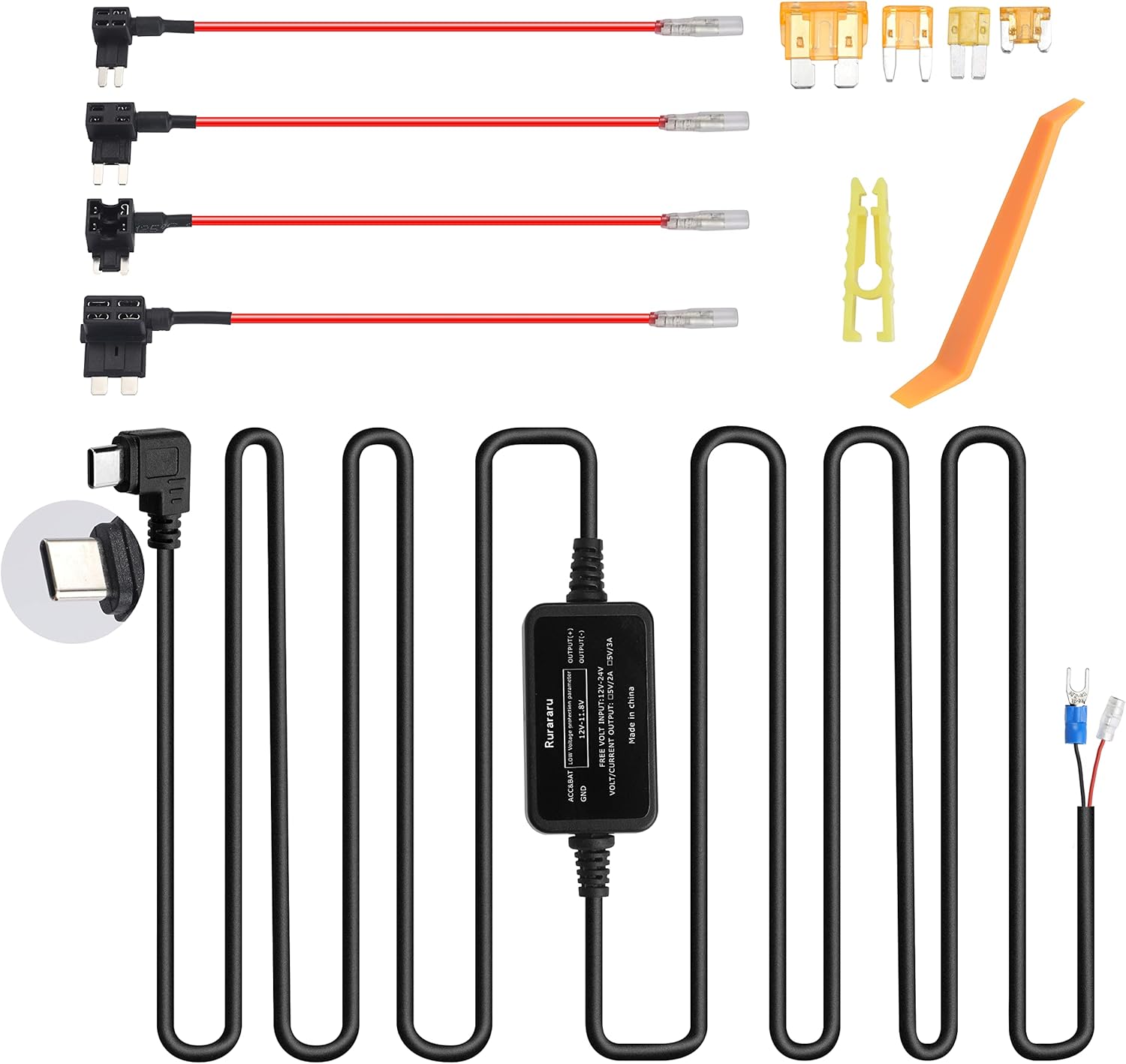 Rove r3 Dash cam hardwire kit with 4 Fuse Tap Cable Mini, ACS, ATO, Micro2 Add A Circuit Fuse Holders, Low Voltage Protection for Vantrue N4, N2S, X4S Dash Cam 12V 24V to 5V Power Cord - Image 2