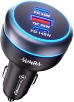 SUNDA 230W USB C Fast Car Charger, 3-Ports Car Charger Adapter, Dual Type C PD140W/PPS63W Compatible with iPhone16/15Pro/Max/iPhone14/Laptop/Galaxy/SamsungS24, USB-A 45W QC3.0 for Android - Image 2