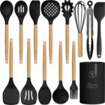 Silicone Cooking Utensils Set - 446°F Heat Resistant Silicone Kitchen Utensils for Cooking,Kitchen Utensil Spatula Set w Wooden Handles and Holder, BPA FREE Gadgets for Non-Stick Cookware (Black) - Image 2