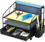 Simple Houseware 3-Tier Desk Organizer with Sliding Drawer, Hanging File Holder and Pen Holder Accessory, Black - Image 2