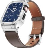 Stainless Steel Case and Leather Band Compatible with Apple Watch 45mm for Men,Genuine Leather Apple Watch Strap and Metal Cover for iWatch Series 9 8 7,Coffee/Silver - Image 2