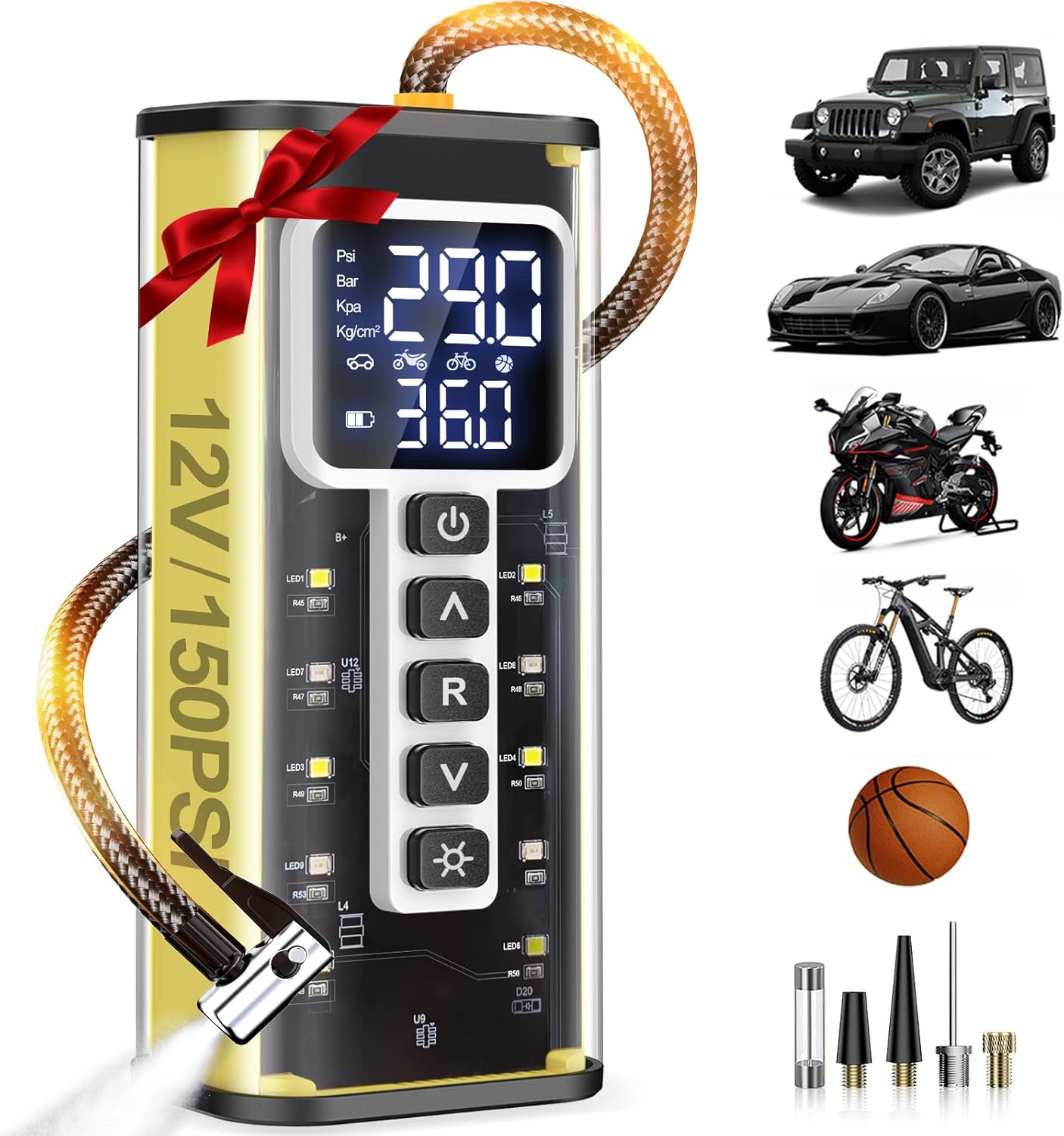 Tire Inflator Portable Air Compressor, 150PSI & 20000mAH Battery Auto Air Pump for Car Tires, Portable Tire Inflator for Car with Pressure Gauge, Pocket Air Compressor for Cars, Bike, Motorcycle, Ball - Image 2