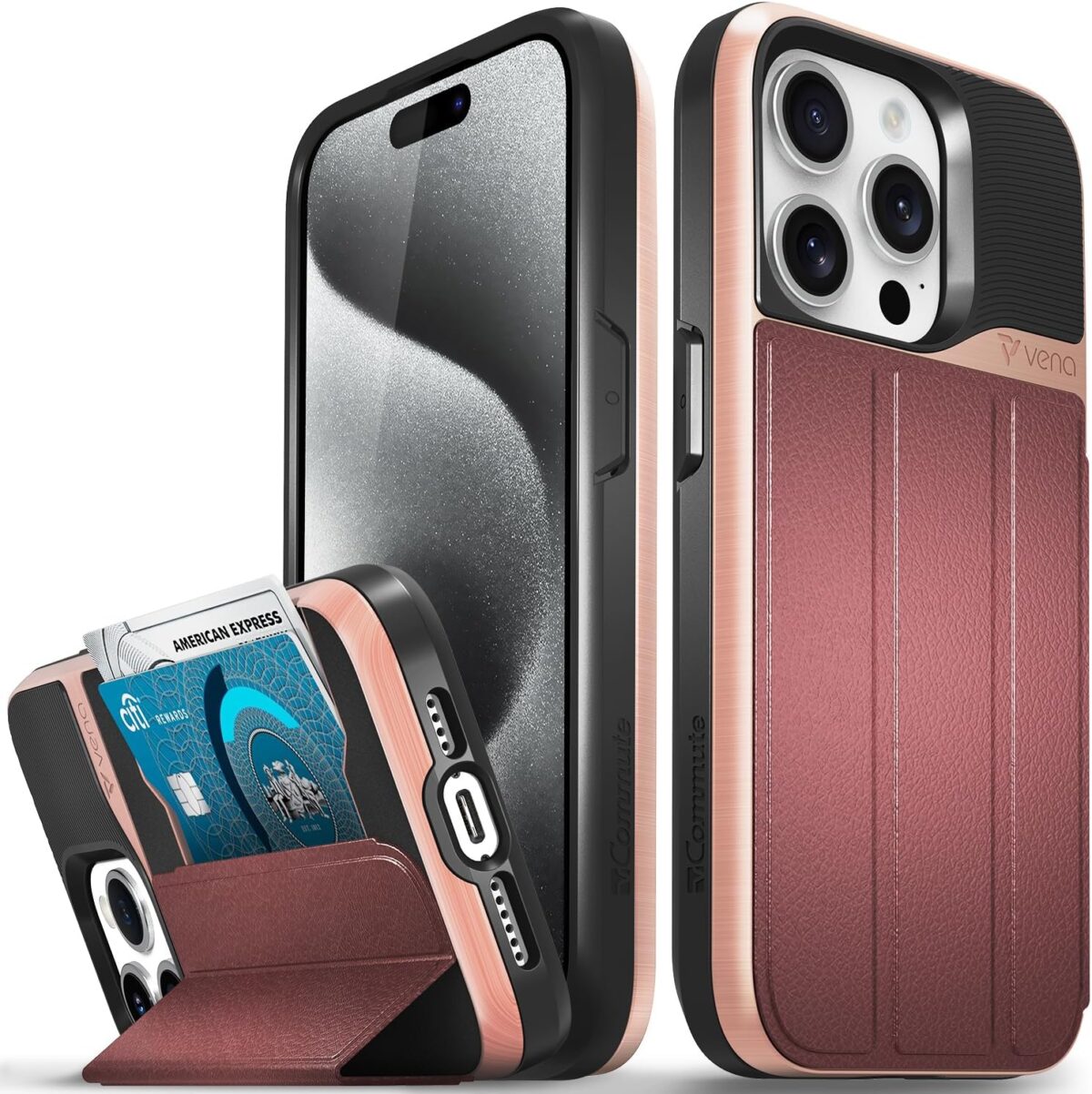 VENA vCommute for iPhone 15 Pro Wallet Case, [Military Grade Drop Protection] Flip Leather Cover Slot Card Holder with Kickstand - Red - Image 2
