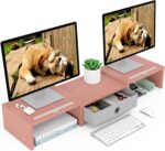 WESTREE Dual 3 Shelf Computer Riser with Drawer, Adjustable Length and Angle, Desktop 2 Monitor Stand Storage Organizer - Image 2