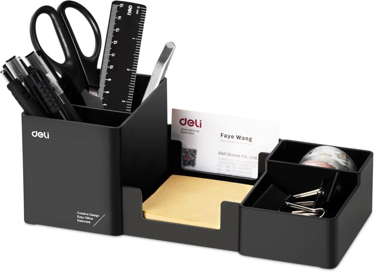 deli Desk Organizer, Plastic Desktop Organizer with Pencil Holder and Sticky Note Tray, Office Stationery Supplies Organizers Accessories Caddy, 6 Compartments, Black - Image 2