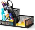 deli Mesh Desk Organizer Office Supplies Caddy with Pencil Holder and Storage Baskets for Desktop Accessories, 3 Compartments, Black - Image 2