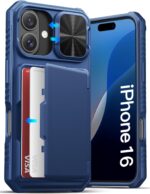 for iPhone 16 Case with Card Holder (Store 3-5 Cards) & Slide Camera Cover & RFID Blocking, Military Grade Protection, Rugged Silicone Wallet Case for iPhone 16 6.1", Blue - Image 2