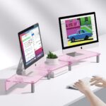 dual monitor stand riser, 3-layer pink acrylic monitor stand with anti slip pad, adjustable length and angle, suitable for 2 monitors, desktop, laptop, PC, printer, TV screen (Pink acrylic) - Image 3