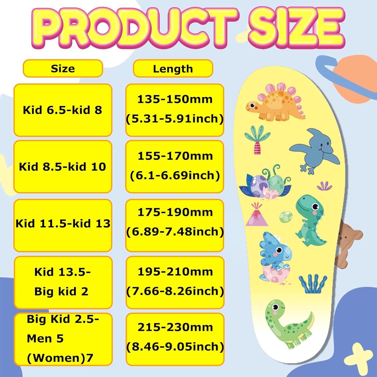 Insoles for Airtag Hidden Holder, Tracker Devise Case for Kids, Comfortable Inserts for Shoes，Yellow Dinosaur (Yellow, 175-190mm Kid 11.5-Kid 13) - Image 5