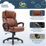 Serta Garret Executive Office Chair, Ergonomic Mid-Back with Lumbar Support, Semi-Plush Cushion and Body Pillows, Padded Armrests, Swivel Base, Bonded Leather, Cognac - Image 4
