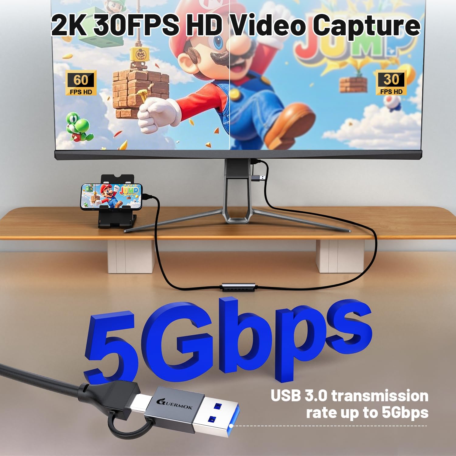 Guermok USB C Video Capture Card, 1080P@60FPS PD100W Fast Charge Type C to USB-A/C USB3.0 Capture Device for Quest 3, for iPad Phone MacOS Switch Steam PC for Gaming & Streaming - Image 4