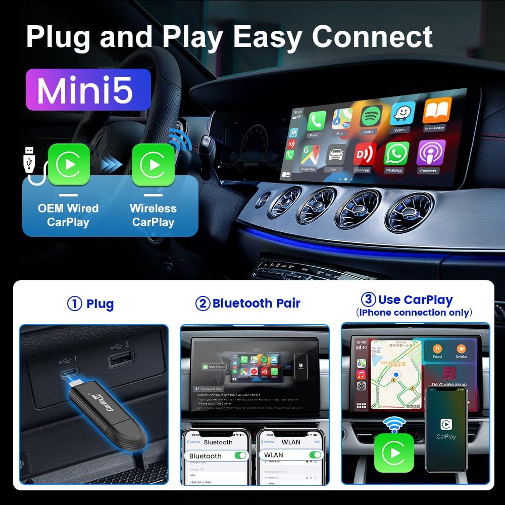 CarlinKit Wireless CarPlay Adapter 2025 with OEM Wired CarPlay, Plug & Play/Auto-Connect/for USB-A & Type-C Dual Port Cars, Support Online Upgrade Wireless Dongle - Image 6