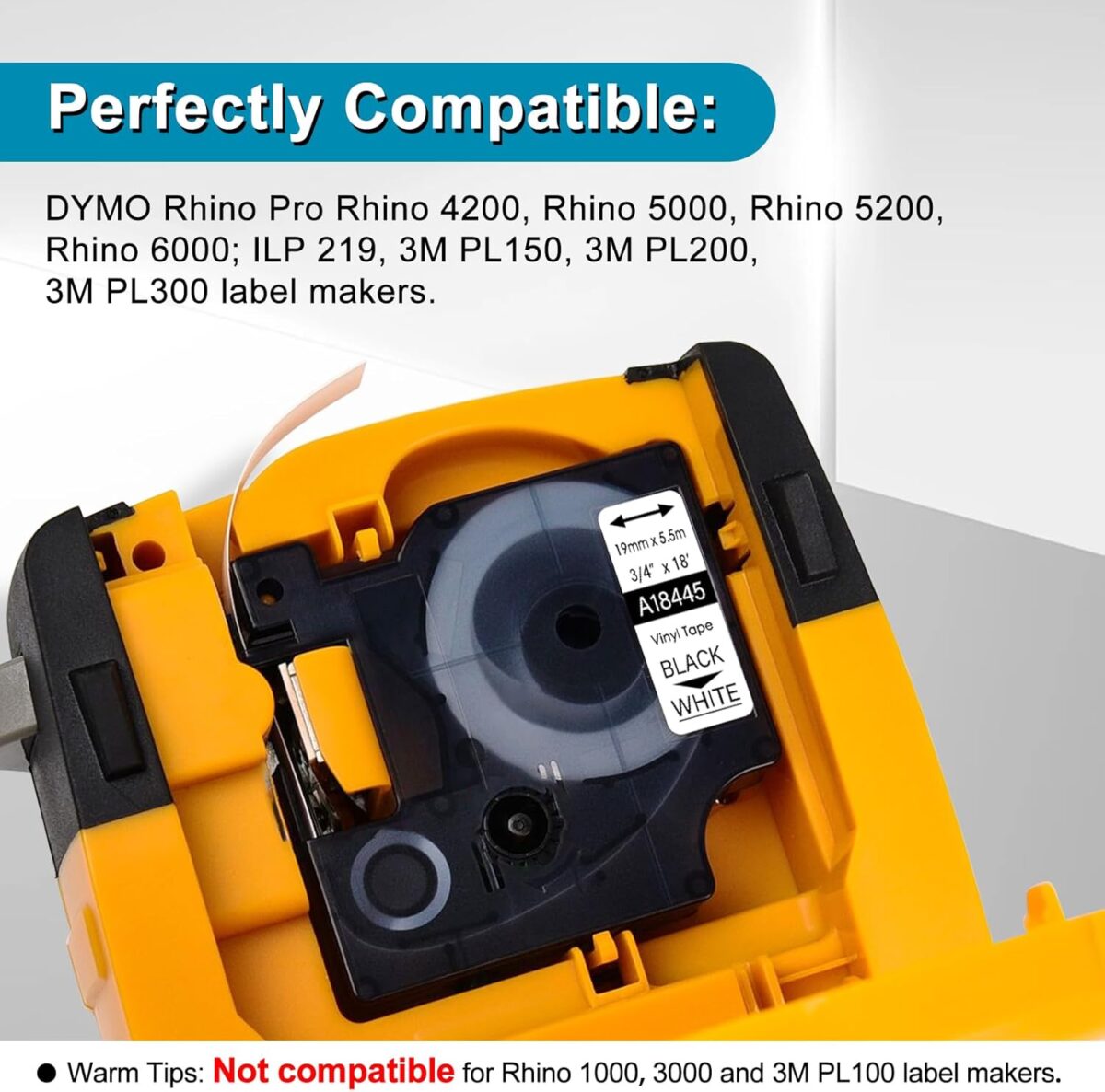 10 Pack Compatible for Dymo Rhino Pro IND Vinyl Label Tape 18445 3/4" 19mm Black on White Label for Rhino and 3M Label Maker Tape - Image 3