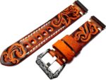 Embossed Brown with Orange Genuine Leather Band Compatible with Fitbit Versa 2 and Versa Smartwatch Luxury Tooled Strap Bracelet with Engraved Buckle - Image 4