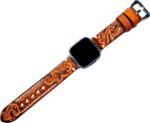 Embossed Brown with Orange Genuine Leather Band Compatible with Fitbit Versa 2 and Versa Smartwatch Luxury Tooled Strap Bracelet with Engraved Buckle - Image 5