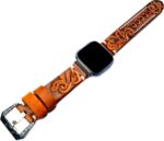 Embossed Brown with Orange Genuine Leather Band Compatible with Fitbit Versa 2 and Versa Smartwatch Luxury Tooled Strap Bracelet with Engraved Buckle - Image 6