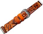 Embossed Brown with Orange Genuine Leather Band Compatible with Fitbit Versa 2 and Versa Smartwatch Luxury Tooled Strap Bracelet with Engraved Buckle - Image 7
