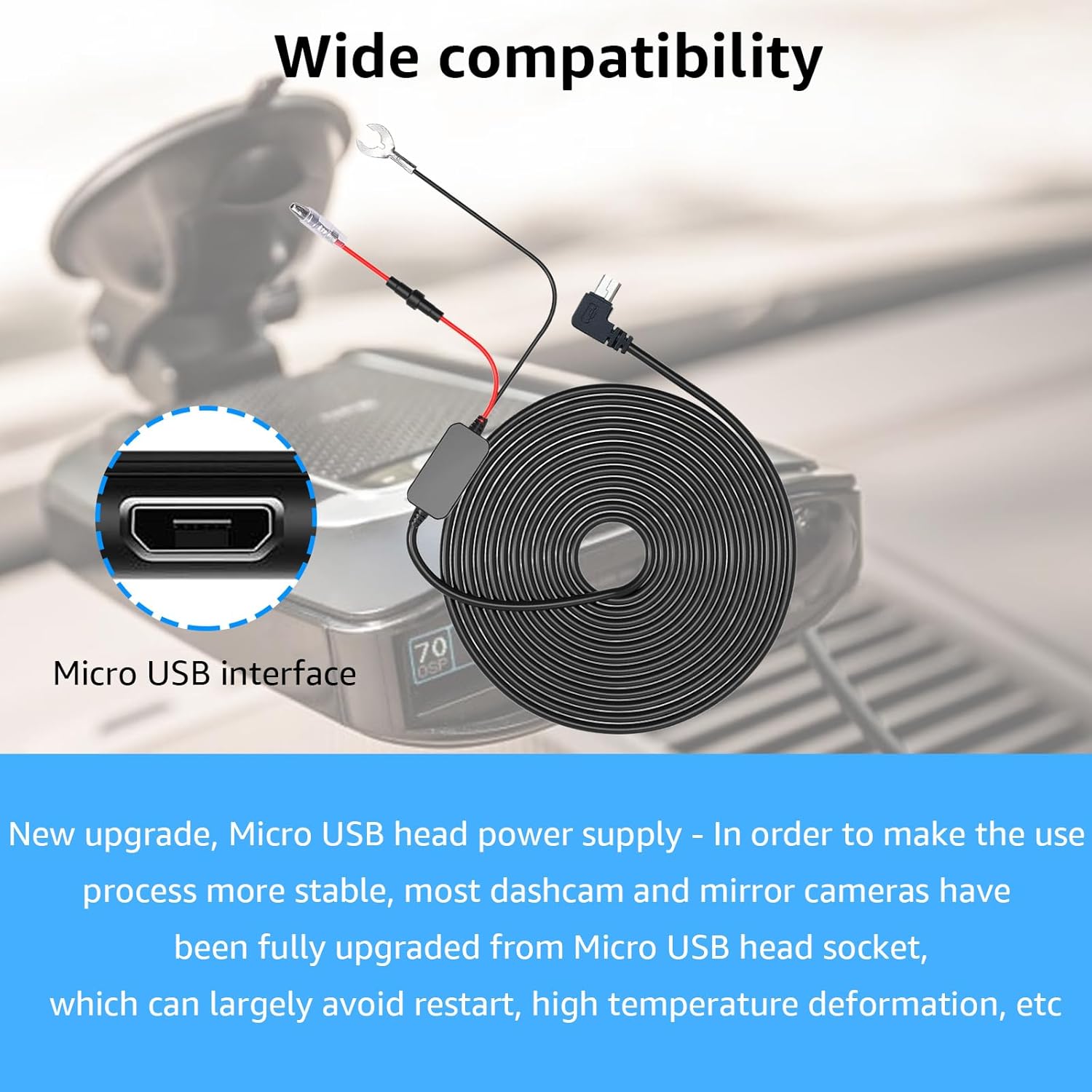 Dash Cam Hardwire Kit Micro USB Hard Wire Kit with 12V-24V to 5V Car Dash Camera Power Cord,24 Hours Surveillance Low Voltage Protection 4 Fuse Tap Cable 13FT - Image 5