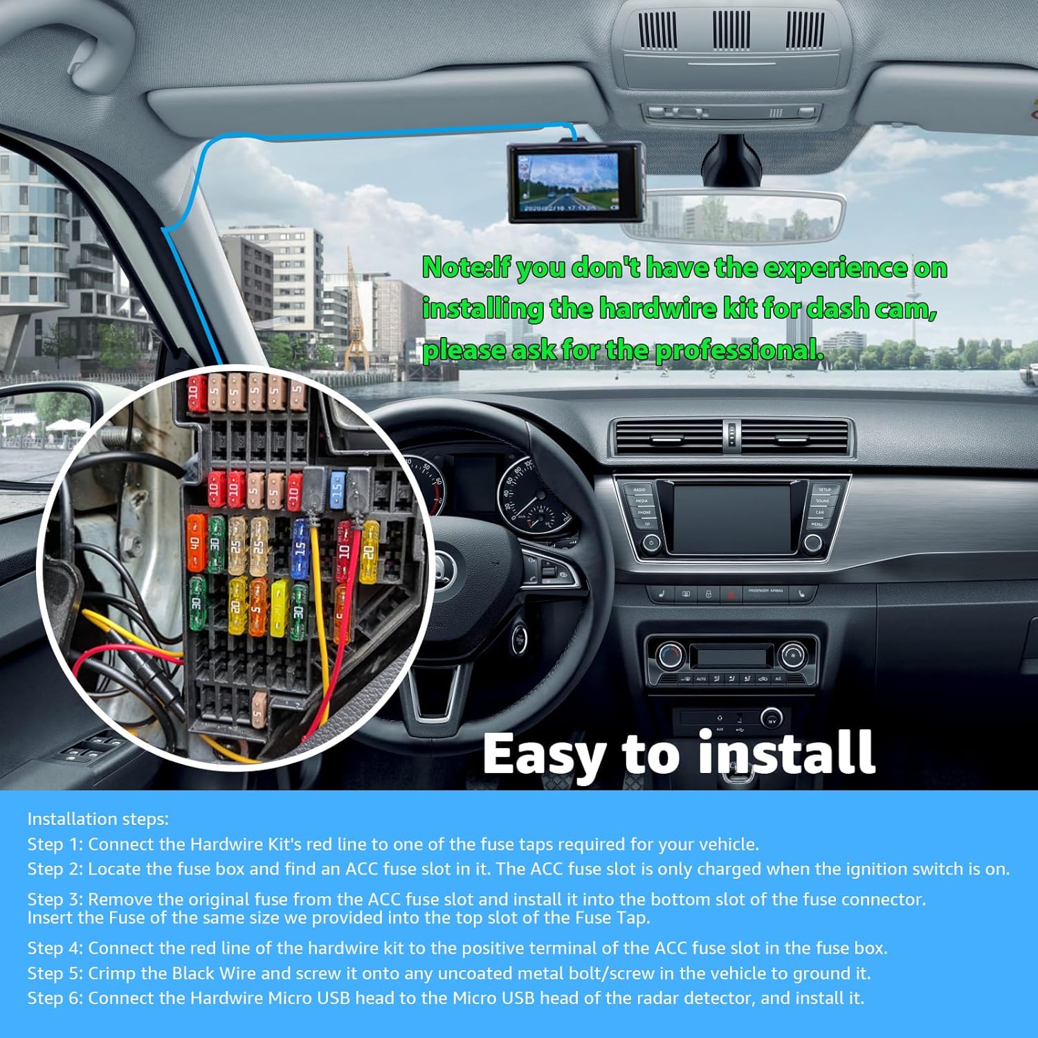 Dash Cam Hardwire Kit Micro USB Hard Wire Kit with 12V-24V to 5V Car Dash Camera Power Cord,24 Hours Surveillance Low Voltage Protection 4 Fuse Tap Cable 13FT - Image 6