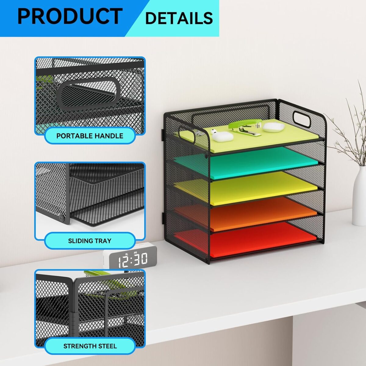 5 Tier Paper Tray Organizer for Desk, Desktop Document Letter Tray with Handle, Paper Sorter File Folder Holder for Classroom, Office Supplies Accessories Organization and Storage - Black - Image 5