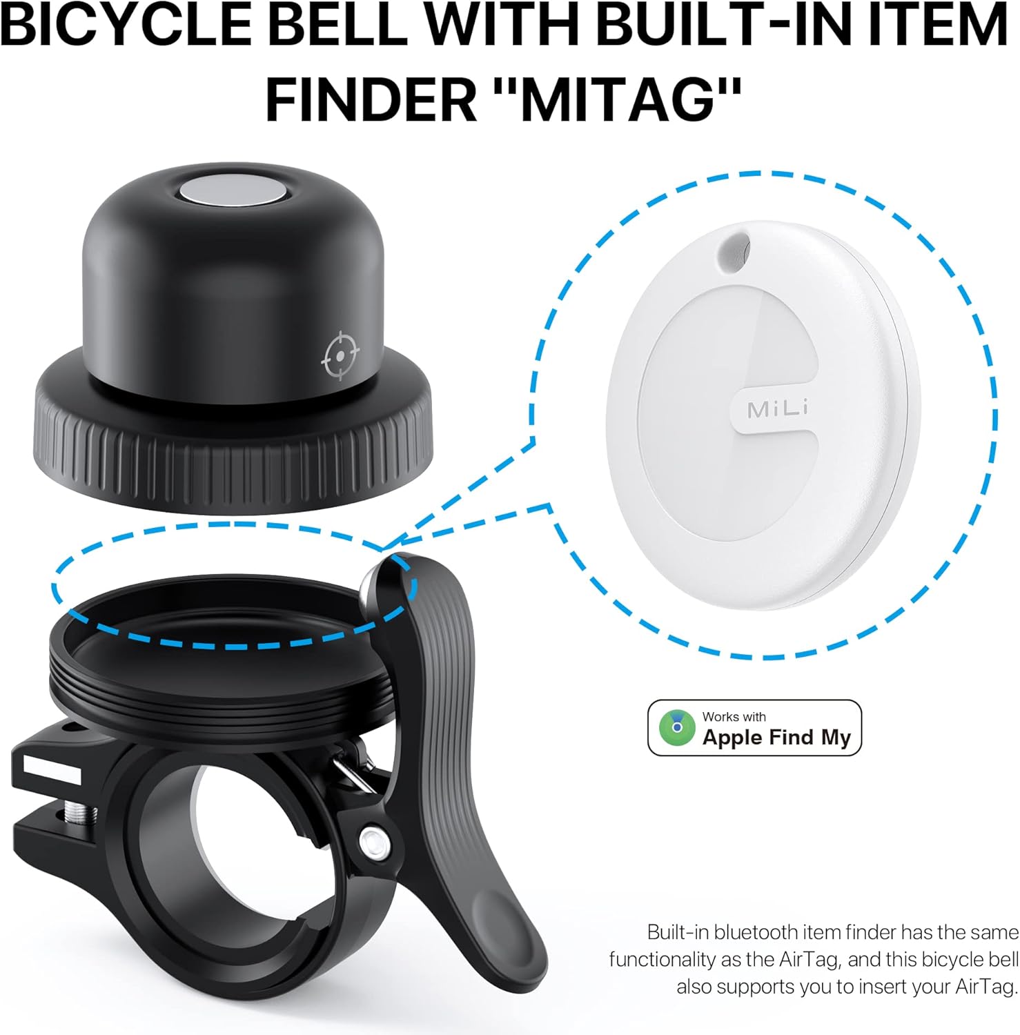 Bike Bell for Apple AirTag, MiTag Bluetooth Tracker Included, Bicycle Bell Hidden Mount for AirTag, Waterproof Anti-Theft Holder for GPS Tracker - Image 3