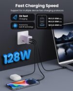 128W USB C Wall Charger, GaN III 3-Port Fast Charging Station, PD QC Foldable Charger Block Portable 65W USB C Laptop Adapter for MacBook Air/iPad Pro/Galaxy S23/Dell XPS 13/iPhone 14 (Purple) - Image 3
