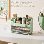 Makeup Organizer for Vanity with 2 Large Drawers, Cosmetic Display Case with Brush Holders, Easy to Storage for Bathroom Countertop Skincare, Desk Office Supplies, Green - Image 3