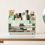 Makeup Organizer for Vanity with 2 Large Drawers, Cosmetic Display Case with Brush Holders, Easy to Storage for Bathroom Countertop Skincare, Desk Office Supplies, Green - Image 6