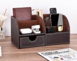 KINGFOM Pu Leather Desk Organizer Pen Pencil Holder Office Supplies Caddy Storage Box 6 Compartments with Drawer Brown - Image 3