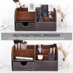 KINGFOM Pu Leather Desk Organizer Pen Pencil Holder Office Supplies Caddy Storage Box 6 Compartments with Drawer Brown - Image 6