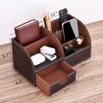 KINGFOM Pu Leather Desk Organizer Pen Pencil Holder Office Supplies Caddy Storage Box 6 Compartments with Drawer Brown - Image 7