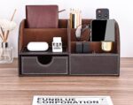 KINGFOM Pu Leather Desk Organizer Pen Pencil Holder Office Supplies Caddy Storage Box 6 Compartments with Drawer Brown - Image 9