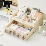 Desktop organizer | 2 Tier Stationary Desk Organizer with Drawer - Stackable & Easy-to-clean - Storage Organizer with 6 Compartments & 1 Drawer for Office, College, Dorm - Image 4