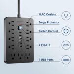 6 FT Flat Plug Surge Protector Power Strip,11 Multiple AC Outlets with 6 USB Ports (2 USB C), 6 Feet Extension Cord, 1250W/10A, One Touch Switch Button, 17 in 1 Compact powerstrip - Image 4