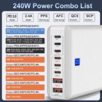 240W Fast Charging Blocks, 8-Port Charging Station for iPhone/Ipad/MacBook, 6C2A PD GaN Charger Box, USB Tower Hub 5ft Braided Power Cord with On/Off Switch, Flat Plug, Travel Essentials - Image 3