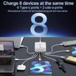 240W Fast Charging Blocks, 8-Port Charging Station for iPhone/Ipad/MacBook, 6C2A PD GaN Charger Box, USB Tower Hub 5ft Braided Power Cord with On/Off Switch, Flat Plug, Travel Essentials - Image 4