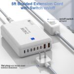 240W Fast Charging Blocks, 8-Port Charging Station for iPhone/Ipad/MacBook, 6C2A PD GaN Charger Box, USB Tower Hub 5ft Braided Power Cord with On/Off Switch, Flat Plug, Travel Essentials - Image 7