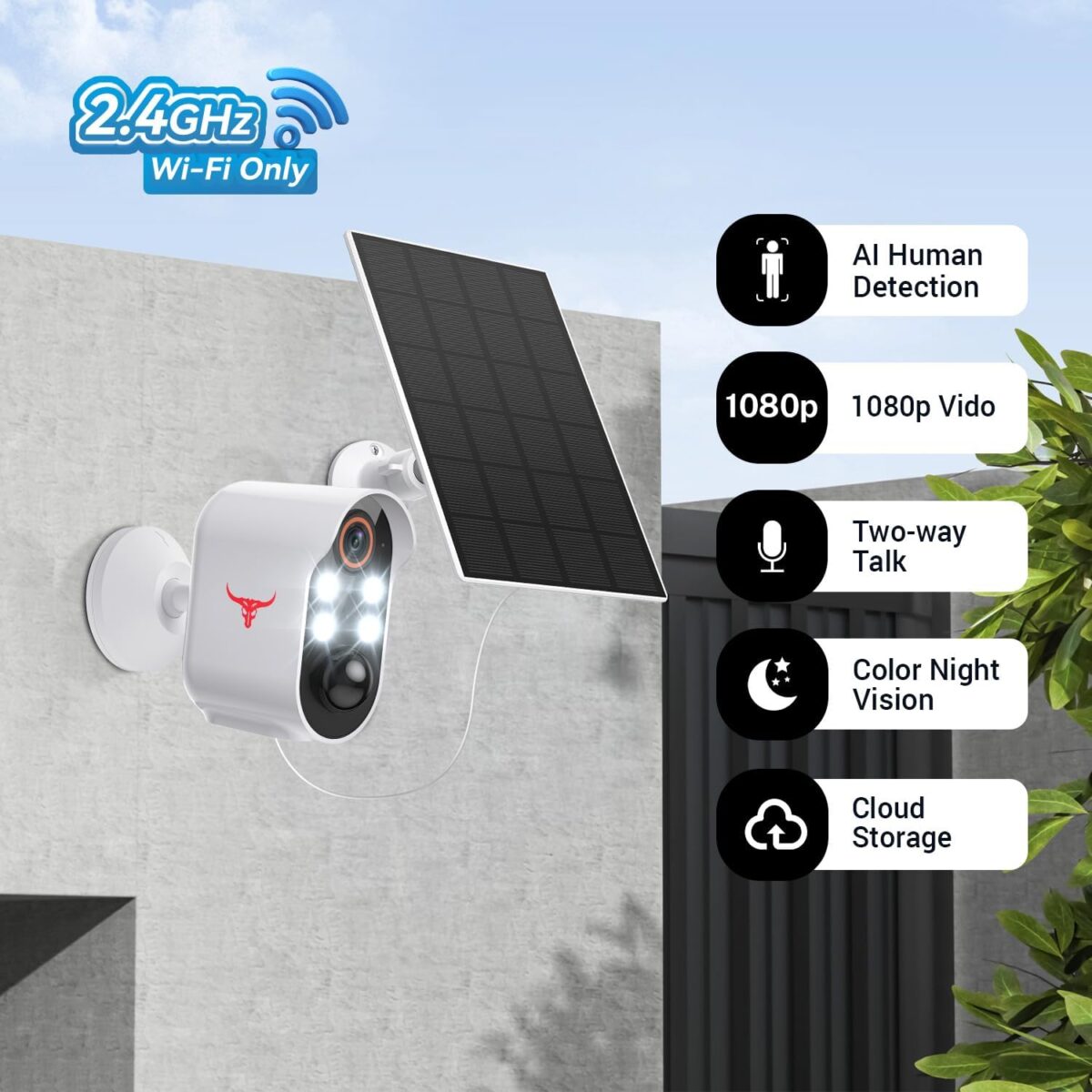 1080p Solar Security Camera Wireless, Smart AI Human Detection, 2-Way Audio, Color Night Vision, Cloud Storage, 2.4G WiFi, Indoor/Outdoor Surveillance Bullet Cam(4 Spotlights+Solar Panel) - Image 3
