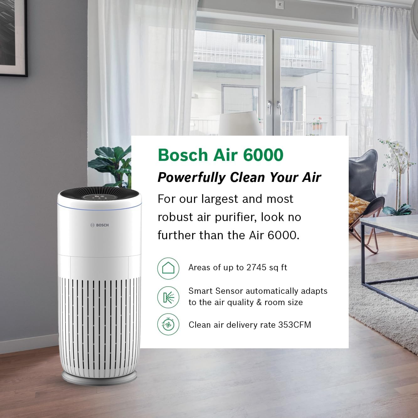 BOSCH Air Purifier for Home, Large Spaces (Covers, 2745-sq ft), 4-in-1 Filter for Pollen, Viruses, Smoke, Dust, Dander, Outdoor Pollution, Odors, HEPA, ENERGY STAR, Air 6000, White - Image 3