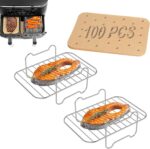 2 Packs Air Fryer Racks with 100pcs Liners for Ninja Foodi DZ401/ DZ201 and Other 8-10 QT Dual AirFryer, Parchment Paper & Stainless Steel Toast Rack for Air Fryer 2 Basket Liners Accessories - Image 2