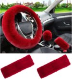 5 PCS Fluffy Steering Wheel Covers Set, Faux Wool Steering Wheel Cover & Handbrake Cover & Gear Shift Cover & 2 Seat Belt Shoulder Pads, Universal Car Accessories (Wine Red) - Image 2