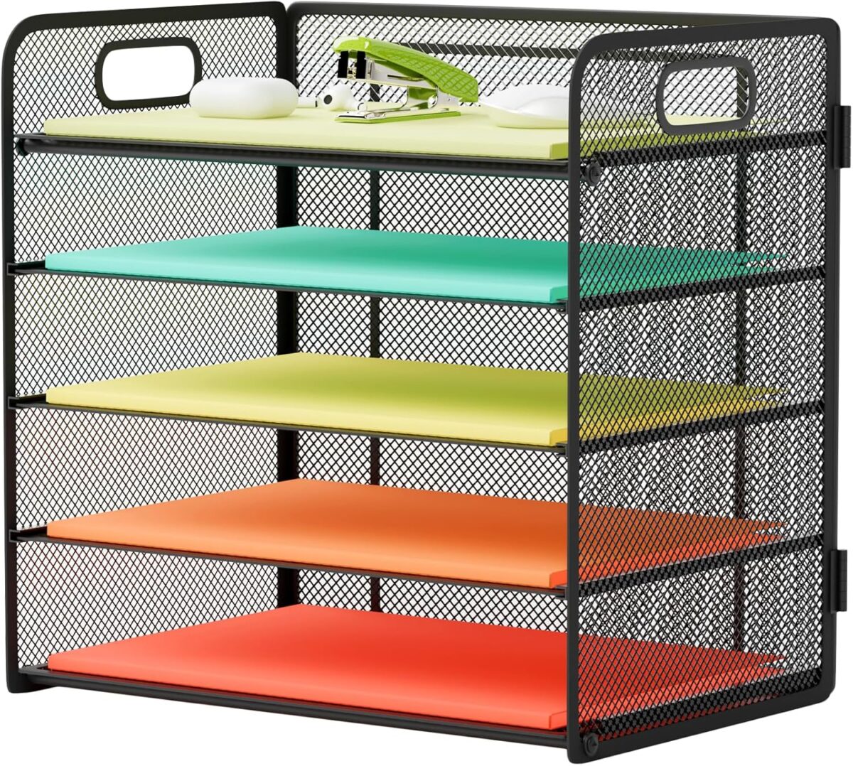 5 Tier Paper Tray Organizer for Desk, Desktop Document Letter Tray with Handle, Paper Sorter File Folder Holder for Classroom, Office Supplies Accessories Organization and Storage - Black - Image 2