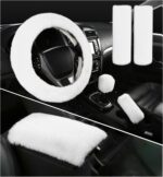 6 PCS Fluffy Steering Wheel Covers Set, 15'' Furry Car Wheel Cover, Soft Gear Shift & Handbrake Cover, Center Console & Seat Belt Shoulder Pads for Women, Car Accessories (White) - Image 2
