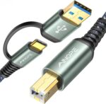 AINOPE Printer Cable, [2-in-1] Printer USB B to USB C/A MIDI Cable High Speed Nylon Braided for MacBook Pro, HP Canon Brother Dell Epson Lexmark DAC,MIDI Keyboard, 6.6FT, Grey - Image 2