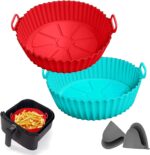 Air Fryer Silicone Liners Pot for 3 to 5 QT, 2 Pack 8.1-inch, Replacement of Flammable Parchment Paper Liners, Food Grade Reusable Baking Tray, Non-Stick, Heat-proof Gloves, Red+Blue (Nola Hut) - Image 2